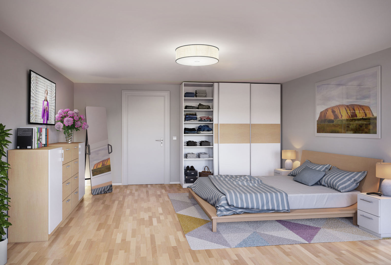 Beispiel für das Schlafzimmer mit gemütlicher Dekoration in weiße